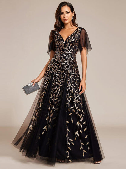 Robe Longue de Soirée Éclatante à Volants et Col en V Romantique