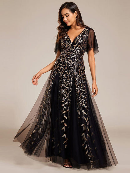Robe Longue de Soirée Éclatante à Volants et Col en V Romantique