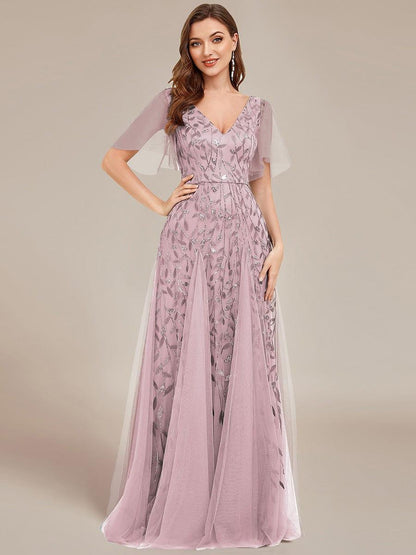 Robe Longue de Soirée Éclatante à Volants et Col en V Romantique