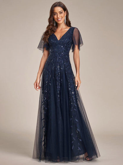 Robe Longue de Soirée Éclatante à Volants et Col en V Romantique