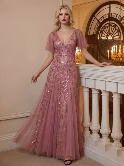 Robe Longue de Soirée Éclatante à Volants et Col en V Romantique