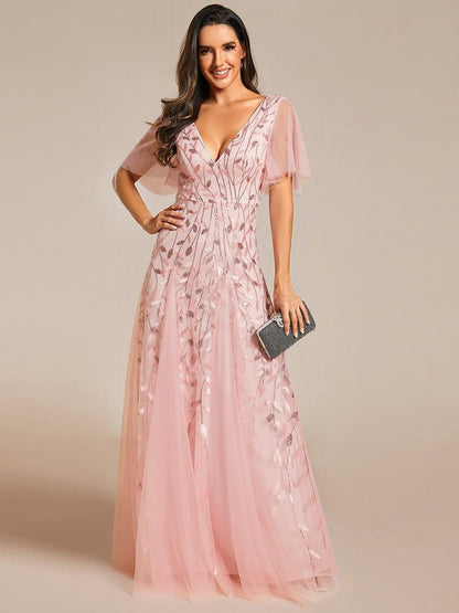 Robe Longue de Soirée Éclatante à Volants et Col en V Romantique