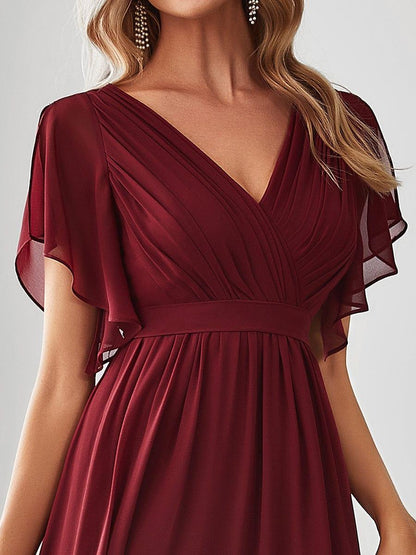 ever LEORA|V-Neck Flutter Sleeve Floor-Length A-Line Chiffon Evening Dress