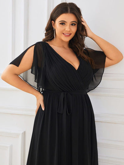 ever LEORA|V-Neck Flutter Sleeve Floor-Length A-Line Chiffon Evening Dress