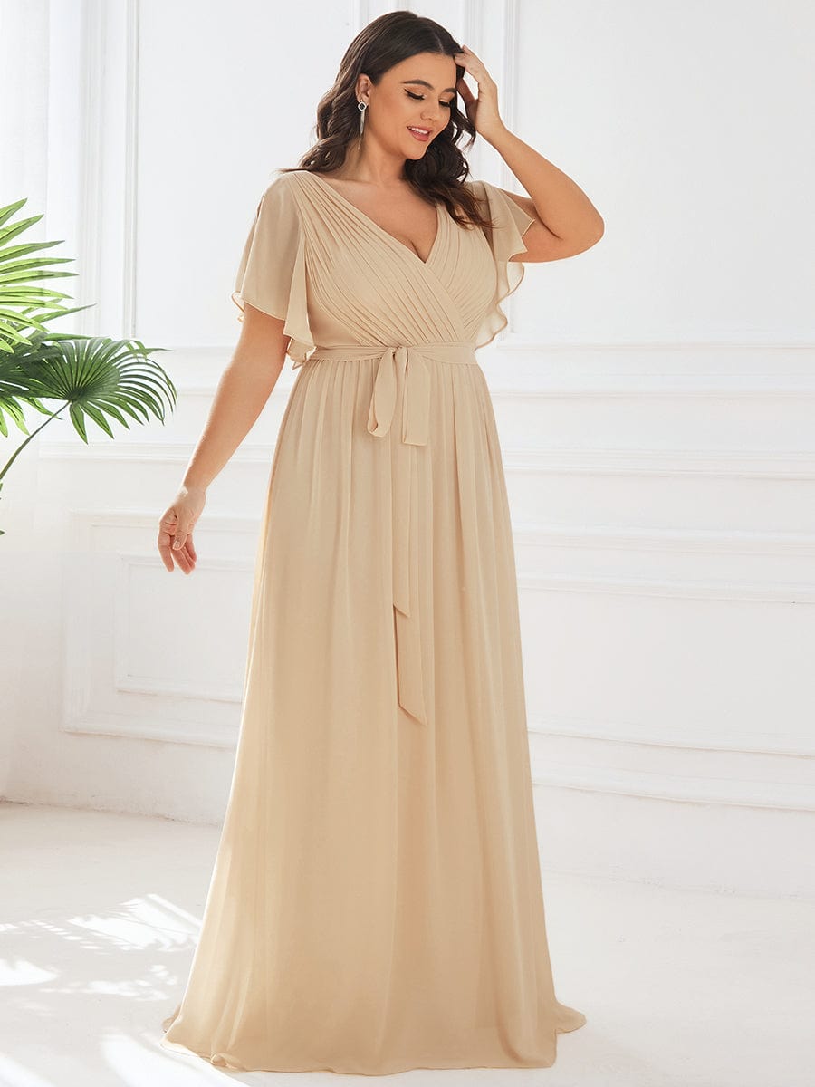 ever LEORA|V-Neck Flutter Sleeve Floor-Length A-Line Chiffon Evening Dress