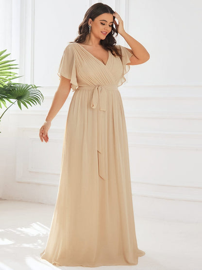 ever LEORA|V-Neck Flutter Sleeve Floor-Length A-Line Chiffon Evening Dress