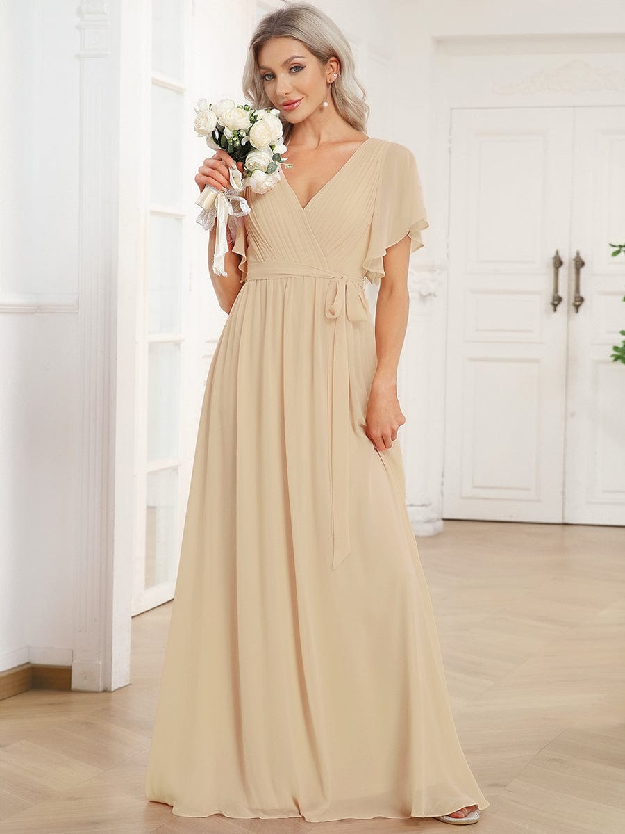 ever LEORA|V-Neck Flutter Sleeve Floor-Length A-Line Chiffon Evening Dress