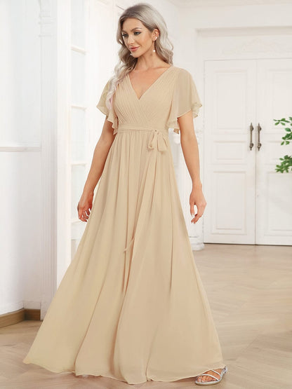 ever LEORA|V-Neck Flutter Sleeve Floor-Length A-Line Chiffon Evening Dress