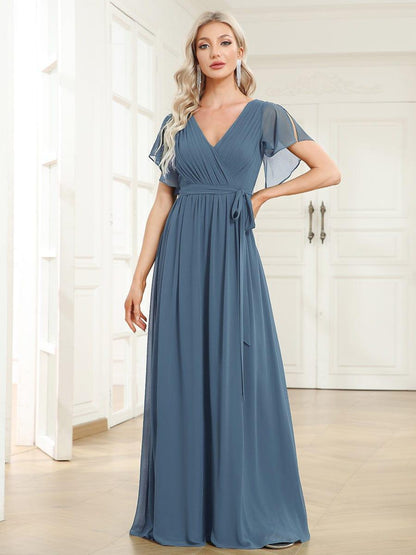 ever LEORA|V-Neck Flutter Sleeve Floor-Length A-Line Chiffon Evening Dress