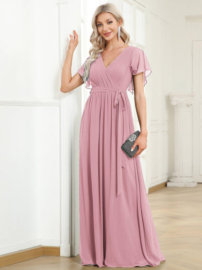 ever LEORA|V-Neck Flutter Sleeve Floor-Length A-Line Chiffon Evening Dress