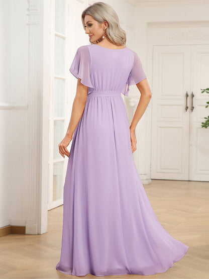 ever LEORA|V-Neck Flutter Sleeve Floor-Length A-Line Chiffon Evening Dress