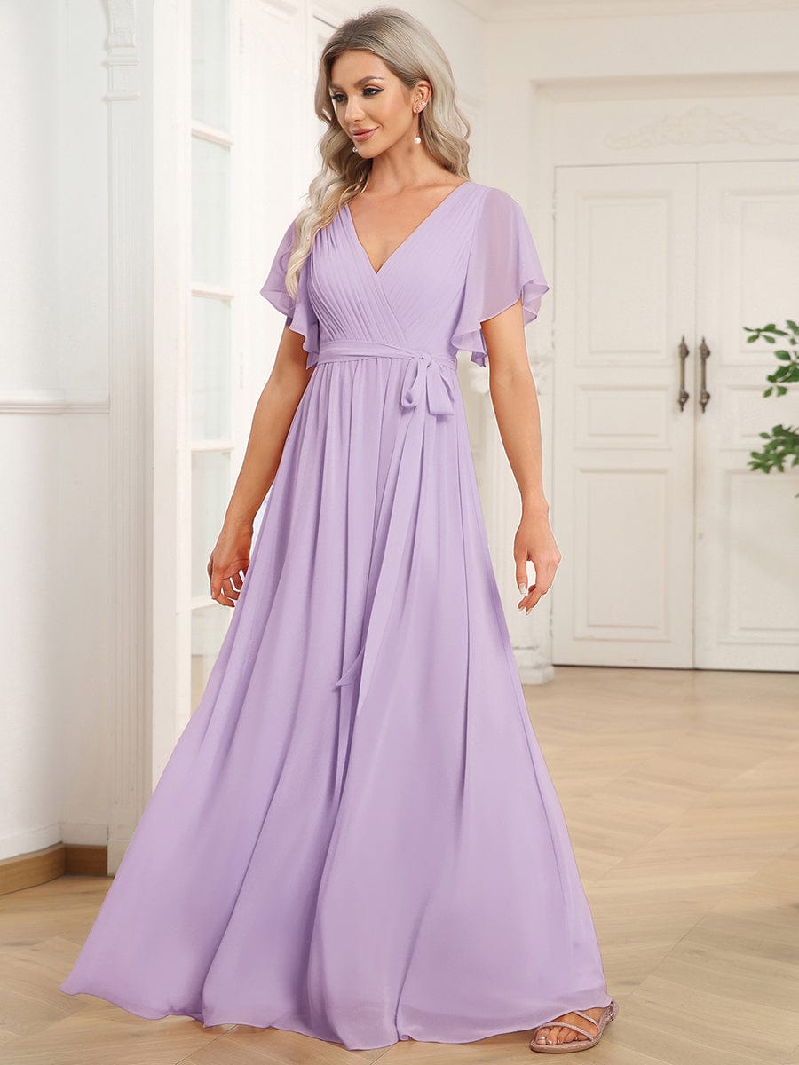 ever LEORA|V-Neck Flutter Sleeve Floor-Length A-Line Chiffon Evening Dress