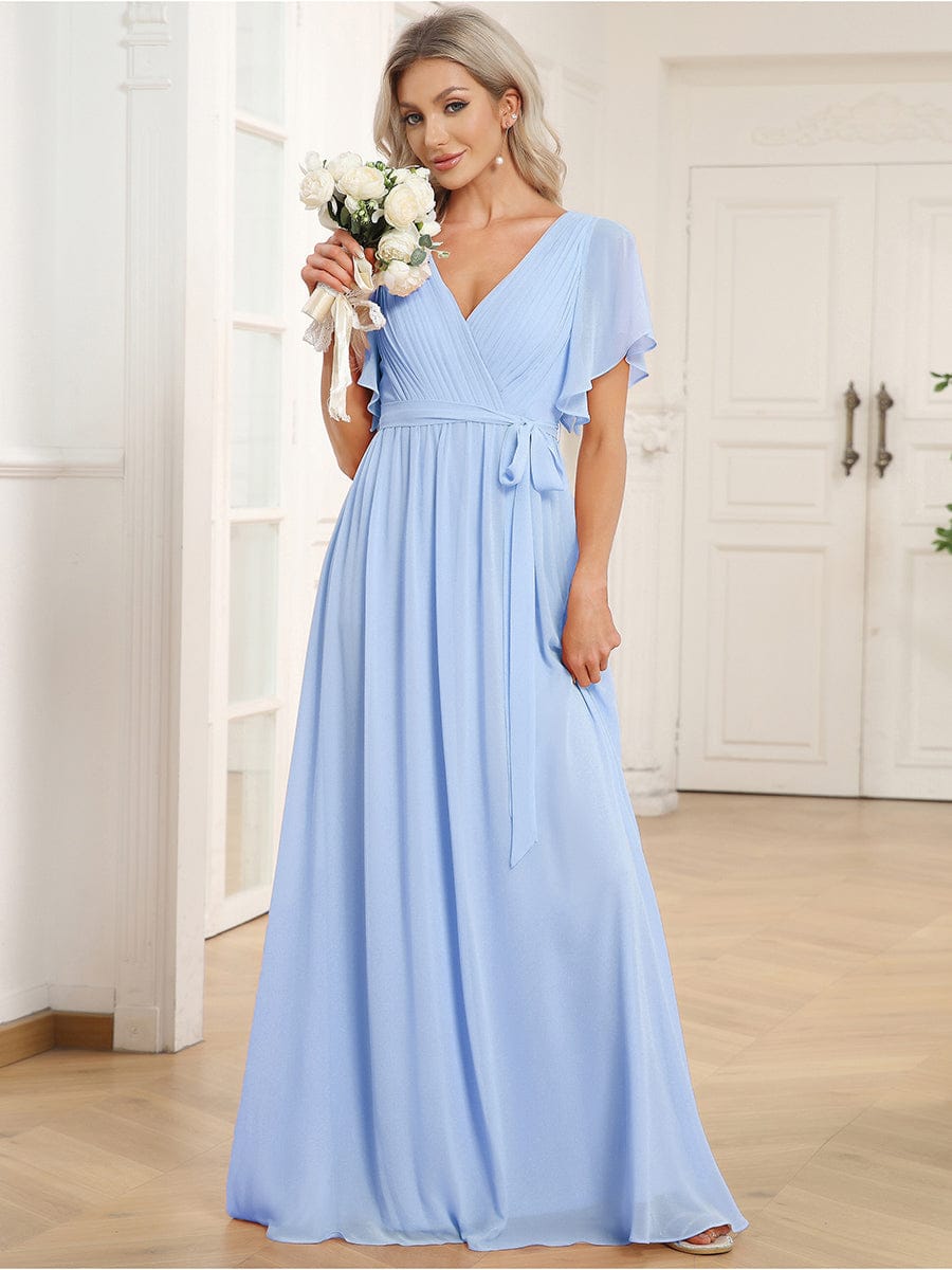 ever LEORA|V-Neck Flutter Sleeve Floor-Length A-Line Chiffon Evening Dress