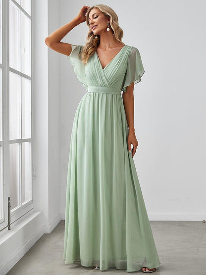 ever LEORA|V-Neck Flutter Sleeve Floor-Length A-Line Chiffon Evening Dress