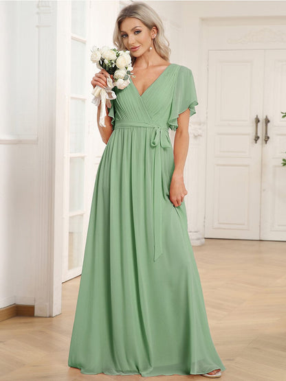 ever LEORA|V-Neck Flutter Sleeve Floor-Length A-Line Chiffon Evening Dress
