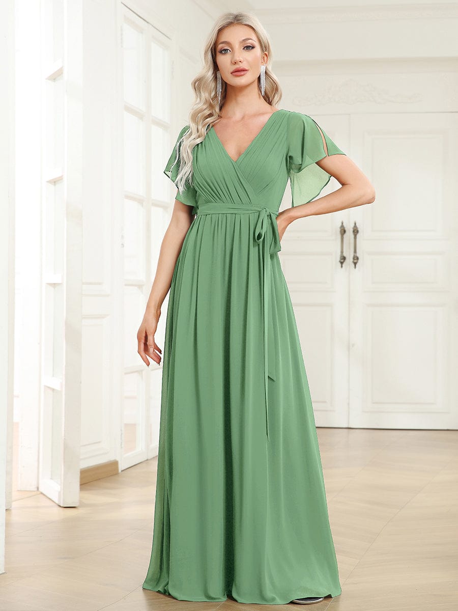 ever LEORA|V-Neck Flutter Sleeve Floor-Length A-Line Chiffon Evening Dress