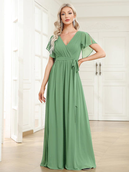 ever LEORA|V-Neck Flutter Sleeve Floor-Length A-Line Chiffon Evening Dress