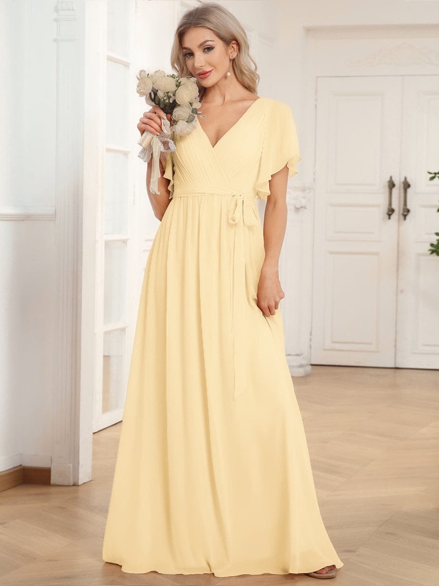 ever LEORA|V-Neck Flutter Sleeve Floor-Length A-Line Chiffon Evening Dress