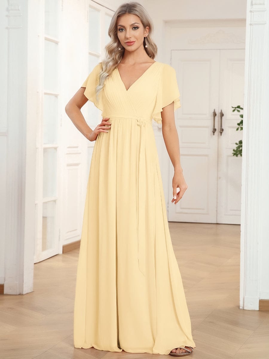 ever LEORA|V-Neck Flutter Sleeve Floor-Length A-Line Chiffon Evening Dress