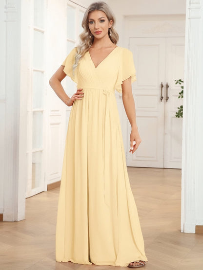 ever LEORA|V-Neck Flutter Sleeve Floor-Length A-Line Chiffon Evening Dress
