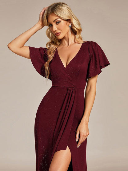 ever MELODÉ|Ruffle Sleeves V Neck High Low Evening Dress