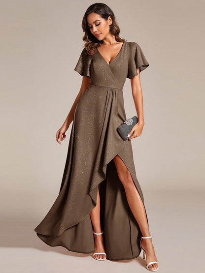 ever MELODÉ|Ruffle Sleeves V Neck High Low Evening Dress