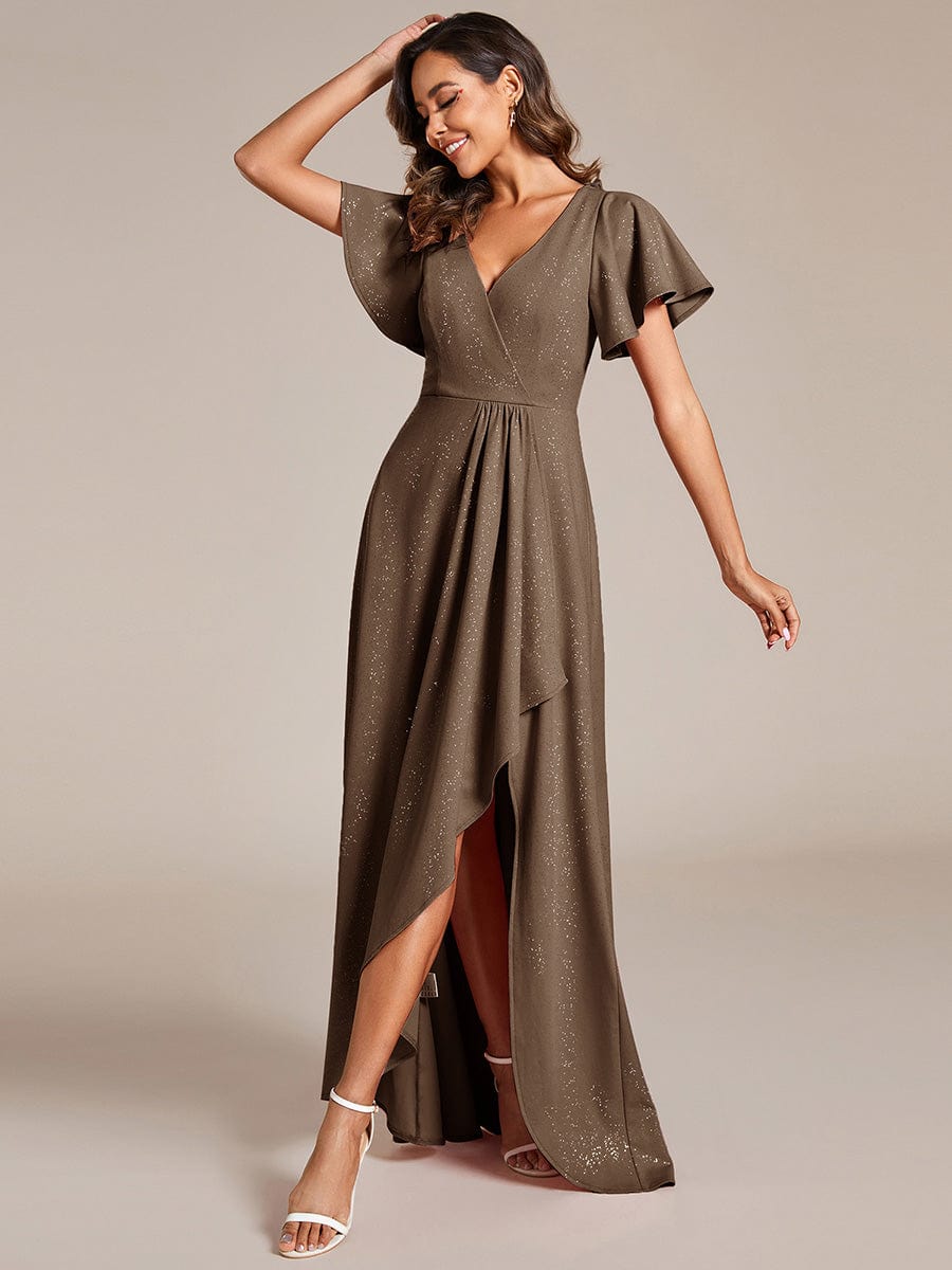 ever MELODÉ|Ruffle Sleeves V Neck High Low Evening Dress