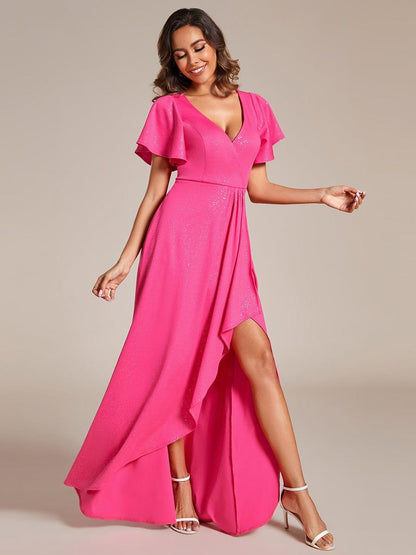 ever MELODÉ|Ruffle Sleeves V Neck High Low Evening Dress