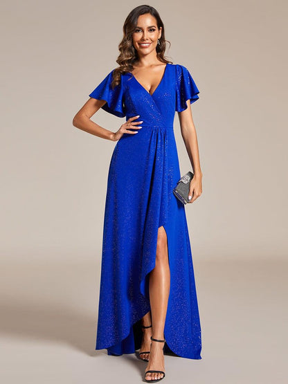 ever MELODÉ|Ruffle Sleeves V Neck High Low Evening Dress