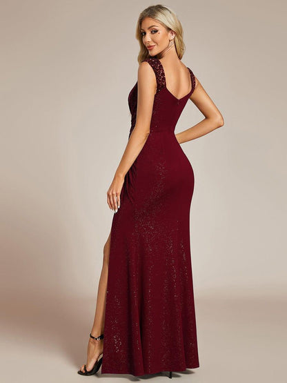 Robe de Soirée Élégante à Sequins avec Décolleté en V et Fente Haute
