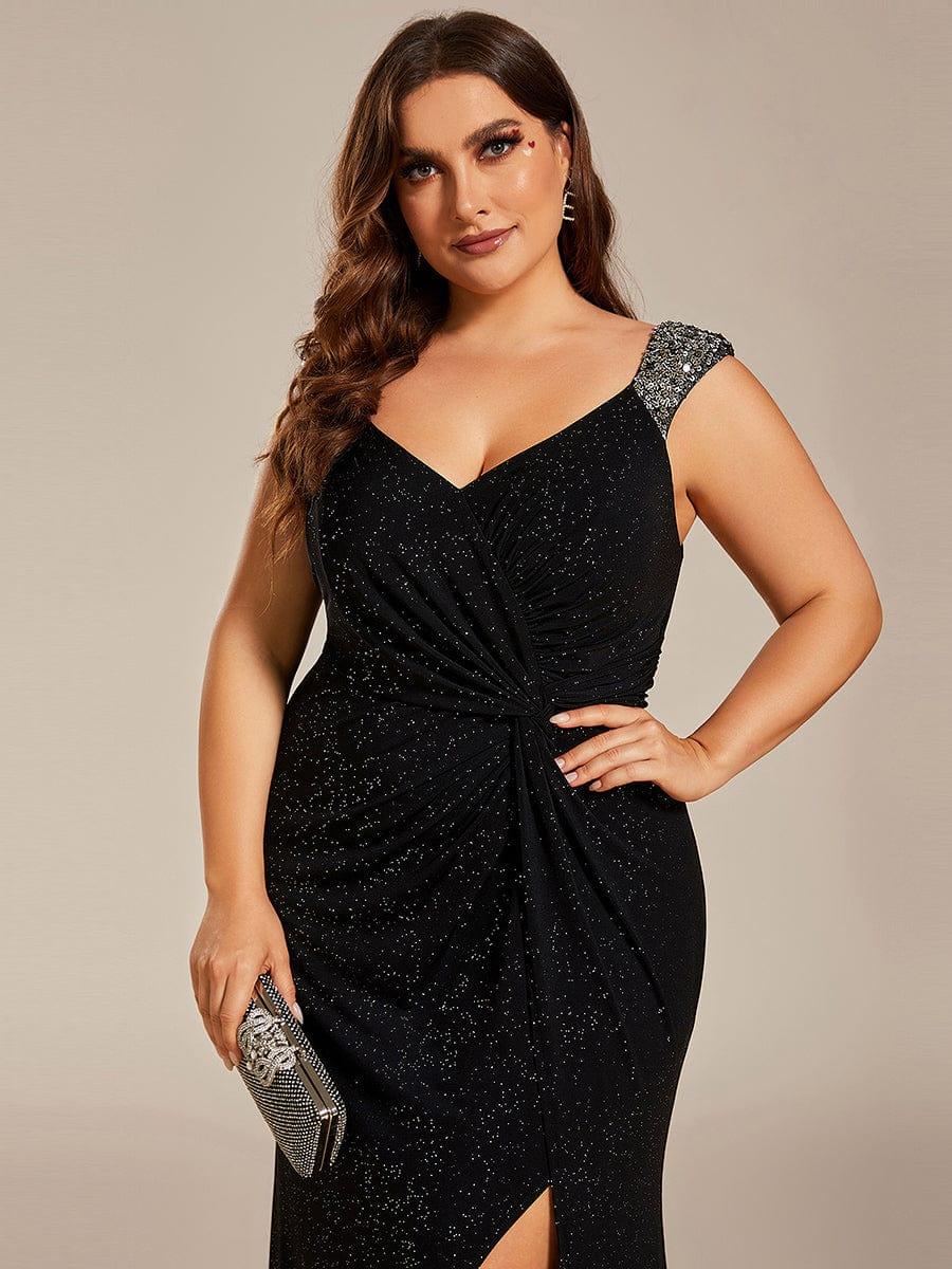 Robe de Soirée Élégante à Sequins avec Décolleté en V et Fente Haute