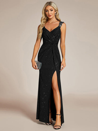 Robe de Soirée Élégante à Sequins avec Décolleté en V et Fente Haute