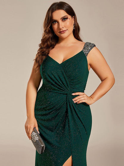 Robe de Soirée Élégante à Sequins avec Décolleté en V et Fente Haute