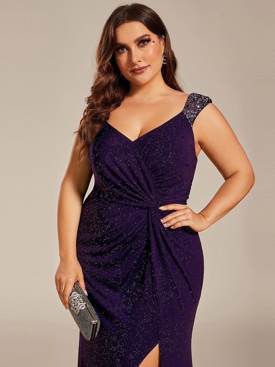 Robe de Soirée Élégante à Sequins avec Décolleté en V et Fente Haute