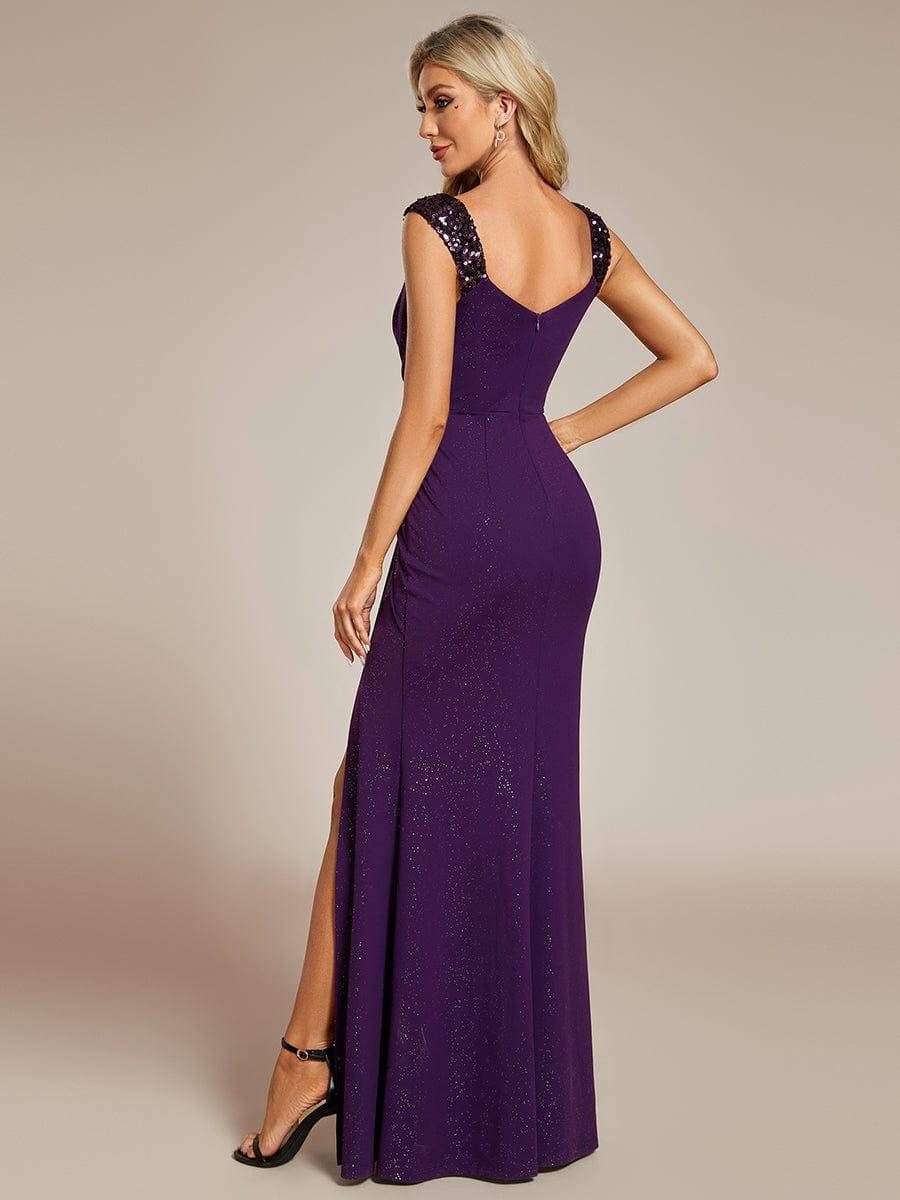 Robe de Soirée Élégante à Sequins avec Décolleté en V et Fente Haute