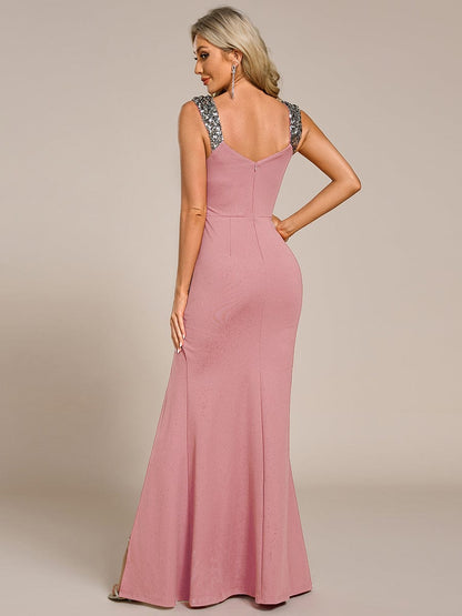 Robe de Soirée Élégante à Sequins avec Décolleté en V et Fente Haute