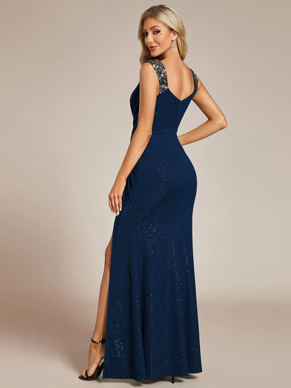 Robe de Soirée Élégante à Sequins avec Décolleté en V et Fente Haute