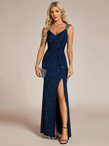 Robe de Soirée Élégante à Sequins avec Décolleté en V et Fente Haute