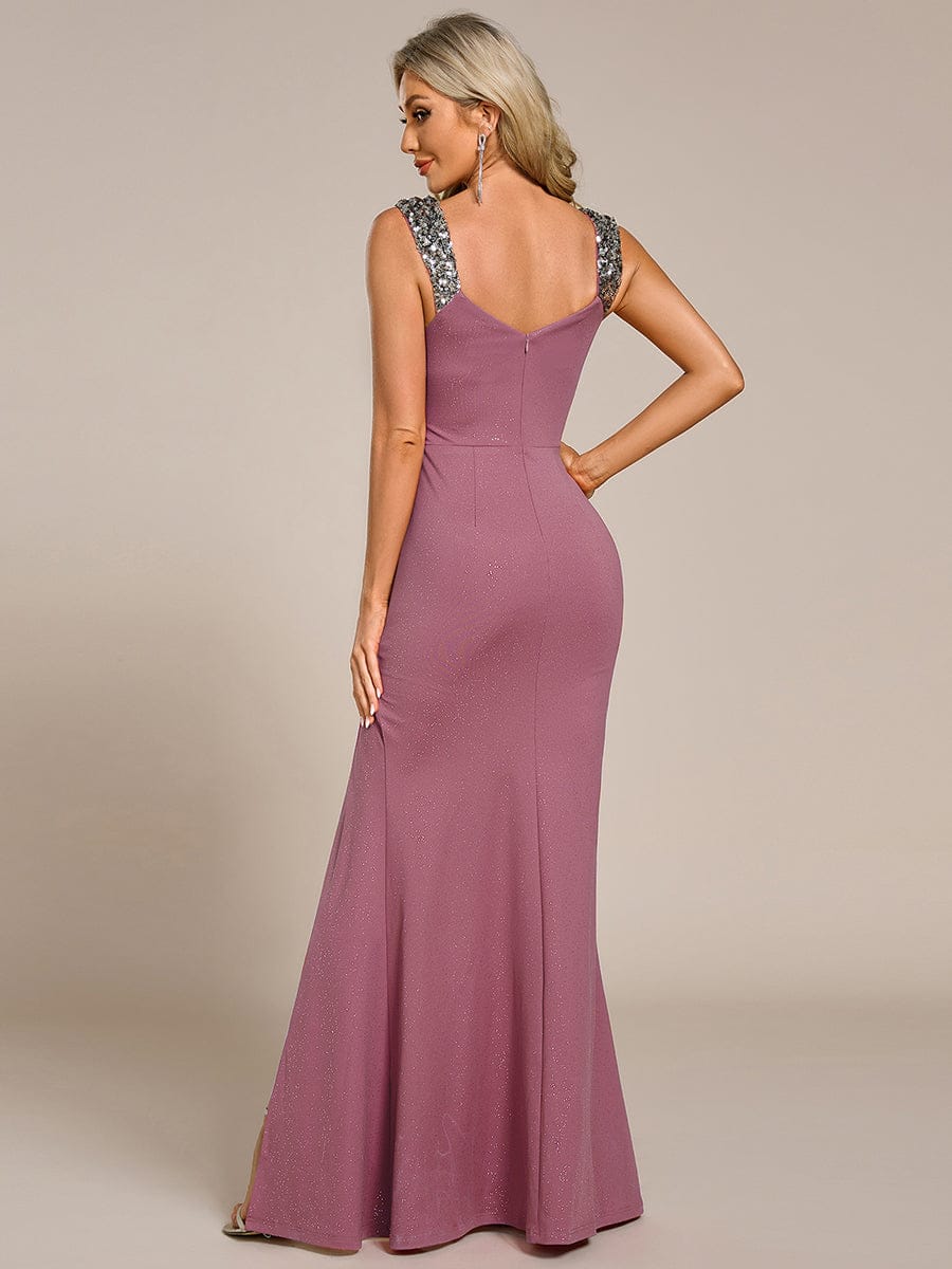 Robe de Soirée Élégante à Sequins avec Décolleté en V et Fente Haute