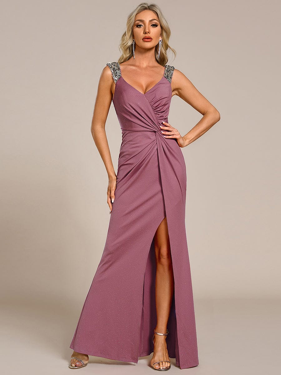 Robe de Soirée Élégante à Sequins avec Décolleté en V et Fente Haute
