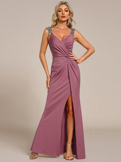 Robe de Soirée Élégante à Sequins avec Décolleté en V et Fente Haute