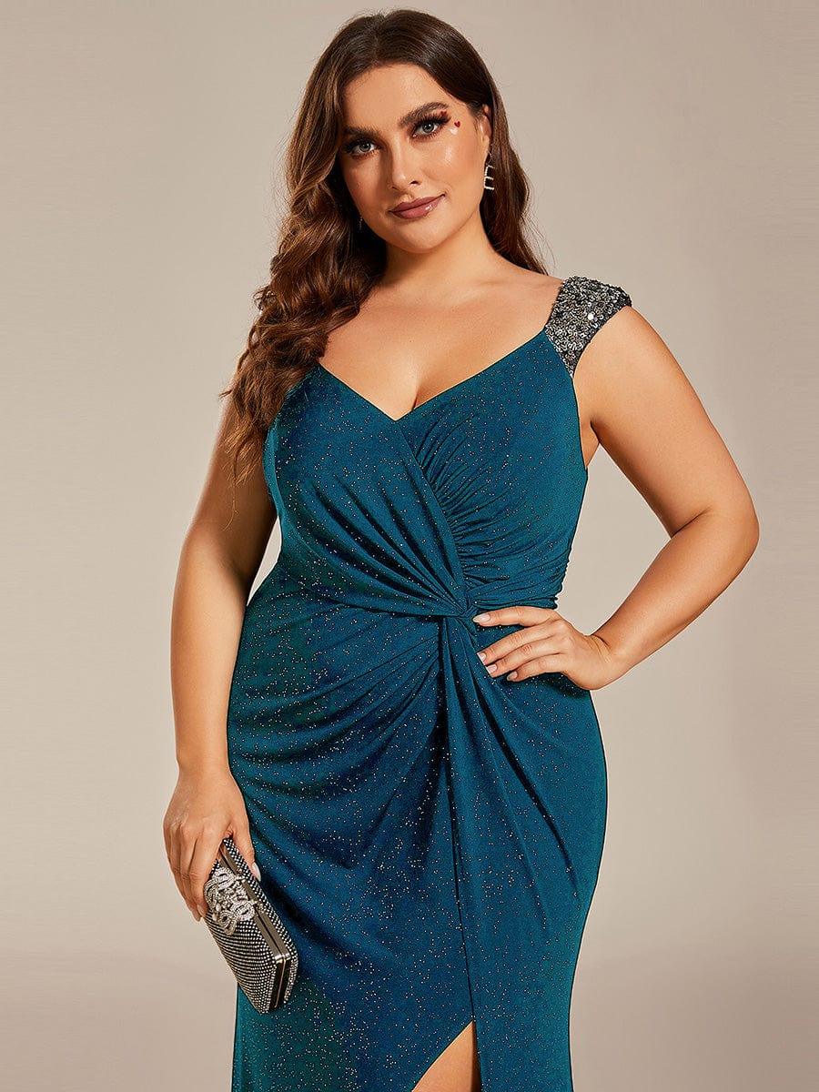 Robe de Soirée Élégante à Sequins avec Décolleté en V et Fente Haute