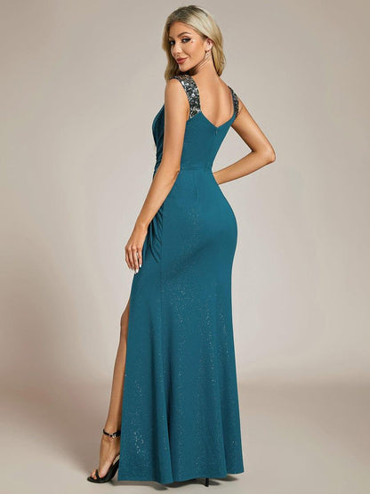 Robe de Soirée Élégante à Sequins avec Décolleté en V et Fente Haute