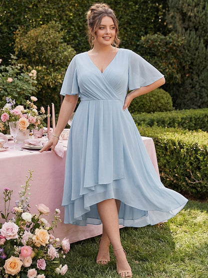 ever LARK|Chiffon Elegance Short Sleeve High-Low Wedding Guest Dress
