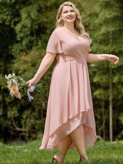 ever LARK|Chiffon Elegance Short Sleeve High-Low Wedding Guest Dress