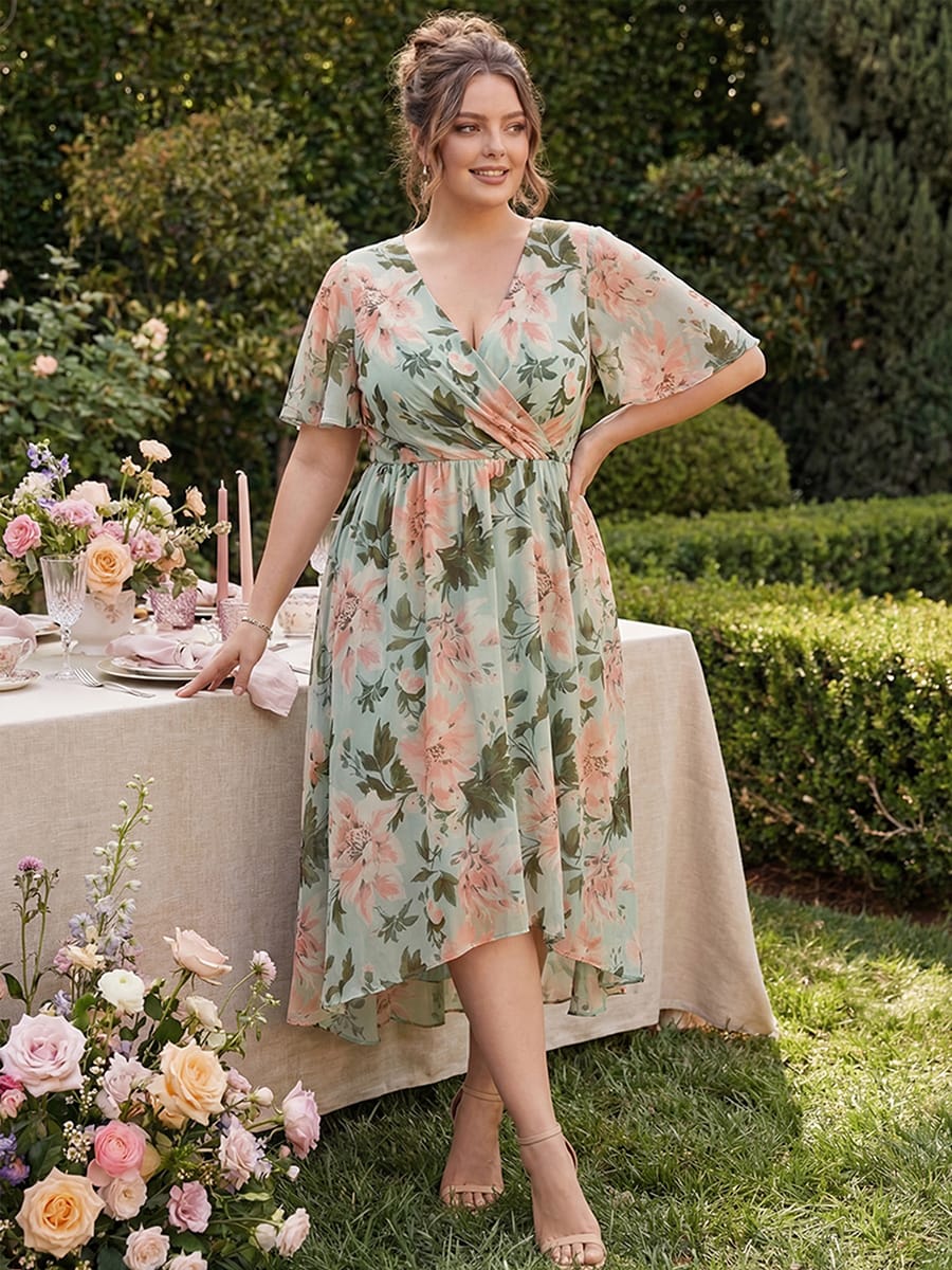 ever LARK|Chiffon Elegance Short Sleeve High-Low Wedding Guest Dress