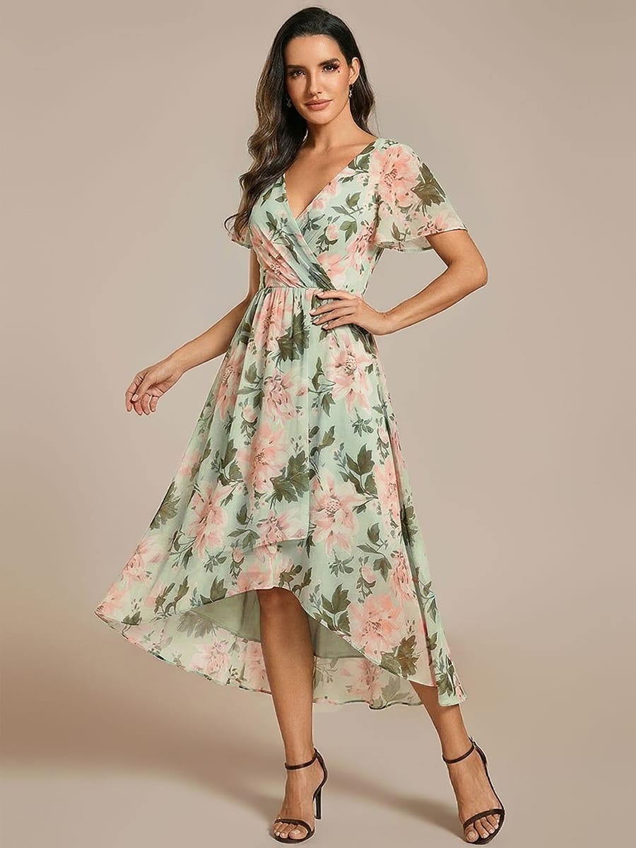 ever LARK|Chiffon Elegance Short Sleeve High-Low Wedding Guest Dress