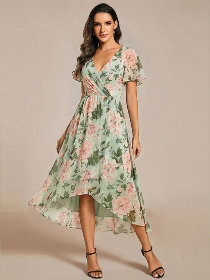 ever LARK|Chiffon Elegance Short Sleeve High-Low Wedding Guest Dress