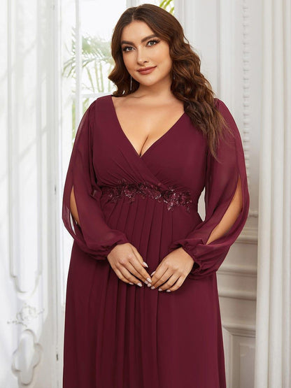 ever AMOUR|Lantern Long Slit Sleeve Deep V Applique Maxi Evening Dress