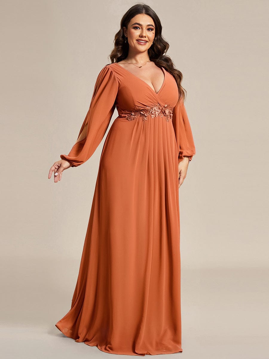 ever AMOUR|Lantern Long Slit Sleeve Deep V Applique Maxi Evening Dress